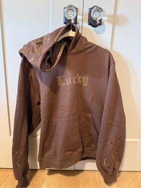 Lucky Brown Graphic Hoodie with Embroidery